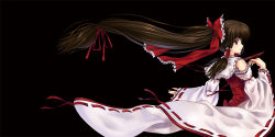 Rule 34 | 1girl, alcohol, bow, cup, detached sleeves, female focus, frills, from behind, hair bow, hakurei reimu, japanese clothes, kitiroku, long hair, looking back, miko, sakazuki, sake, simple background, solo, touhou, very long hair, wide sleeves, wind, wind lift