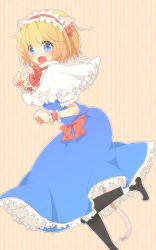 Rule 34 | 1girl, alice margatroid, animal ears, aoi (annbi), black dress, blonde hair, blue dress, blue eyes, blush, capelet, cat ears, cat tail, dress, fang, hairband, highres, kemonomimi mode, lolita hairband, looking at viewer, open mouth, pantyhose, paw pose, sash, short hair, solo, striped, striped background, tail, touhou, wrist cuffs