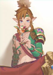 Rule 34 | 1boy, blue eyes, brown hair, closed mouth, cocktail glass, cup, desert voe set (zelda), drinking glass, green sleeves, highres, holding, holding cup, ivy (sena0119), link, long sleeves, nintendo, pants, pointy ears, ponytail, red pants, shoulder plates, simple background, single bare shoulder, single shoulder pad, smile, solo, the legend of zelda, the legend of zelda: tears of the kingdom, white background