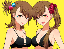 Rule 34 | 2girls, :p, aged up, alternate breast size, alternate hair length, alternate hairstyle, bikini, bikini top only, breast press, breasts, brown eyes, brown hair, cleavage, cleavage cutout, clothing cutout, earrings, facial mark, futami ami, futami mami, highres, idolmaster, idolmaster (classic), jewelry, lam (ramdayo), long hair, looking at viewer, looking to the side, makeup, medium breasts, multiple girls, namco, open mouth, scrunchie, short hair, siblings, side ponytail, sisters, skindentation, smile, swimsuit, symmetrical docking, tongue, tongue out, twins, upper body, yellow background