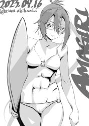 Rule 34 | 1girl, abs, amagiri (kancolle), asava (hutaitenn), bikini, character name, cowboy shot, dated, glasses, greyscale, highres, holding, holding clothes, kantai collection, leaning forward, monochrome, o-ring, o-ring bikini, o-ring top, one-hour drawing challenge, sidelocks, solo, standing, surfboard, swimsuit, twitter username