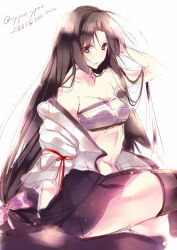 Rule 34 | 10s, 1girl, adjusting hair, amane ruri, black thighhighs, breasts, brown hair, dated, japanese clothes, kantai collection, kimono, long hair, low-tied long hair, open clothes, open kimono, sarashi, shouhou (kancolle), signature, sitting, skirt, solo, thighhighs, twitter username, very long hair