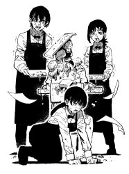 Rule 34 | 1boy, 2girls, apron, bow, bowtie, burger, chainsaw man, crying, cup, disposable cup, family burger (chainsaw man), fast food, food, food on body, food on face, french fries, greyscale, hair ornament, hairclip, hairpin, higashiyama kobeni, ireading, monochrome, multiple girls, multiple hairpins, open mouth, runny nose, snot, spilling, waiter, waitress