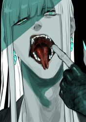 Rule 34 | 1boy, ajuji aju, aqua eyes, bleach, blunt bangs, earrings, fangs, finger gun, finger in own mouth, fingernails, forked tongue, hand up, highres, hirako shinji, japanese clothes, jewelry, long fingernails, long hair, looking at viewer, male focus, mouth pull, open mouth, portrait, scales, shade, sharp fingernails, simple background, solo, spot color, straight hair, tongue, tongue out, uneven eyes, webbed hands