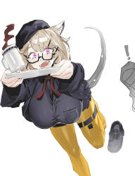 Rule 34 | !, 1girl, 1other, absurdres, animal ear fluff, animal ears, arknights, black-framed eyewear, black footwear, black headwear, black shirt, black skirt, blonde hair, breasts, coffee, coffee mug, cup, doctor (arknights), glasses, hat, highres, large breasts, leg up, loafers, long sleeves, mask, miniskirt, mug, official alternate costume, open mouth, outstretched arms, pantyhose, peeking, pleated skirt, purple eyes, renxzd, semi-rimless eyewear, shirt, shoes, unworn shoes, short hair, simple background, skirt, solo focus, tail, thigh strap, tripping, under-rim eyewear, utage (arknights), utage (disguise) (arknights), white background, wide-eyed, yellow pantyhose
