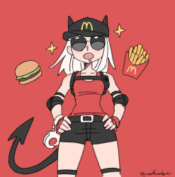 Rule 34 | 1girl, black horns, black tail, breasts, burger, commentary, cuffs, demon girl, demon horns, demon tail, elbow pads, english commentary, fingerless gloves, food, french fries, gloves, handcuffs, helltaker, highres, horns, horns through headwear, justice (helltaker), mcdonald&#039;s, medium hair, noah (tettsui-sole), red background, red gloves, red shirt, saliva, shirt, shorts, sleeveless, sleeveless shirt, solo, sparkle, sunglasses, tail, twitter username, white hair