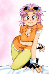 Rule 34 | 1girl, arm under breasts, blush, breasts, cleavage, commentary request, dragon quest, dragon quest dai no daibouken, fingerless gloves, gloves, goggles, goggles on head, graphite (medium), jewelry, large breasts, looking at viewer, maam, millipen (medium), necklace, onnaski, pink hair, short hair, smile, solo, traditional media
