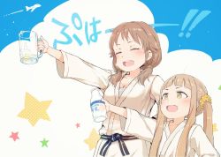 Rule 34 | 2girls, :d, aircraft, airplane, beer mug, blush, bottle, breasts, brown eyes, brown hair, cleavage, closed eyes, commentary request, cup, dougi, gomennasai, hair ornament, hair scrunchie, holding, holding bottle, holding cup, ichihara nina, idolmaster, idolmaster cinderella girls, japanese clothes, katagiri sanae, kimono, light brown hair, long hair, long sleeves, low twintails, medium breasts, milk bottle, mug, multiple girls, open mouth, orange scrunchie, outstretched arm, round teeth, scrunchie, sidelocks, simple background, smile, star (symbol), teeth, translation request, twintails, upper teeth only, very long hair, white kimono, wide sleeves