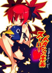 Rule 34 | 1girl, :3, :p, absurdres, arm ribbon, bare shoulders, barefoot, choker, cover, cover page, demon girl, demon tail, demon wings, disgaea, earrings, etna (disgaea), harada takehito, highres, jewelry, naked ribbon, nippon ichi, pencil, pointy ears, prinny, red eyes, red hair, ribbon, ribbon choker, scan, sitting, slit pupils, solo, tail, tatsuoka miyoshi, tongue, tongue out, twintails, wings, wrist ribbon