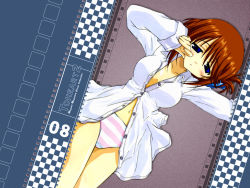 Rule 34 | 00s, 1girl, arm up, blue background, blue eyes, blush, breasts, brown hair, buttons, clenched hand, collarbone, collared shirt, copyright name, cowboy shot, dress shirt, dutch angle, english text, folded ponytail, from above, grey background, grid, hair between eyes, hair ornament, hairclip, half-closed eyes, hand up, komaki manaka, legs together, long sleeves, looking at viewer, lying, medium breasts, megami magazine, navel, no bra, no pants, noguchi takayuki, official art, official wallpaper, on back, open clothes, open shirt, panties, parted bangs, parted lips, pink panties, shirt, short hair, sidelocks, sleepy, sleeve cuffs, solo, striped clothes, striped panties, to heart (series), to heart 2, unbuttoned, underwear, white panties, white shirt