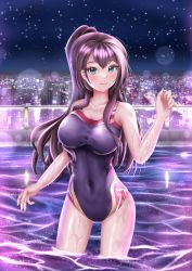 Rule 34 | 1girl, aqua eyes, assault lily, bare arms, bare shoulders, black one-piece swimsuit, blurry, blurry background, blush, breasts, brown hair, city, cleavage, closed mouth, collarbone, commentary, competition swimsuit, covered navel, cowboy shot, floral print, hand up, high ponytail, highres, imai tomohiro, large breasts, long hair, looking at viewer, night, night sky, official alternate costume, one-piece swimsuit, outdoors, ponytail, pool, print swimsuit, red one-piece swimsuit, rooftop, serizawa chikaru, sidelocks, sky, skyline, smile, solo, standing, star (symbol), swimsuit, two-tone swimsuit, wading, wet