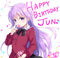 Rule 34 | 1boy, arm up, black skirt, commentary request, flower, hand to own mouth, happiness!, happy birthday, long hair, male focus, purple eyes, purple hair, red shirt, school uniform, shirt, signature, skirt, smile, solo, tamakake, upper body, watarase jun
