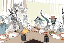 3boys 5girls absurdres andoain_(arknights) animal_ear_fluff animal_ears animal_skull antlers arknights armor black_gloves black_hair black_horns blonde_hair blue_hairband blue_shirt blush bodysuit brown_hat cat_ears closed_mouth clothed_robot collared_shirt deer_antlers eating facial_hair feathered_wings fedora food fox_ears fox_girl fox_tail frostnova_(arknights) gas_mask gloves grey_hair hair_between_eyes hair_ornament hair_over_one_eye hairband hairclip halo hat head_wings highres ho&#039;olheyak_(arknights) holding horns humanoid_robot jessica_(arknights) jessica_(iron_block)_(arknights) long_hair mask mudrock_(arknights) multiple_boys multiple_girls multiple_tails mustache mutomorokoshi official_alternate_costume patriot_(arknights) power_armor rabbit_ears rabbit_girl red_eyes robot sarkaz_wither_devourer scar scar_on_face scar_on_nose shirt sitting snake_tail steam suzuran_(arknights) tail tin_man_(arknights) white_hair white_shirt wings