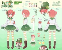 1girl absurdres armband boots bow brown_footwear character_name character_sheet clover coin coin_(ornament) color_guide crop_top cropped_jacket flat_chest fuyo_cloverfield fuyo_cloverfield_(artist) garter_straps green_bow green_eyes green_hat green_ribbon green_sailor_collar green_skirt hair_ornament hair_ribbon hat heart heart_necklace highres idol_corp jacket jewelry midriff multiple_views navel necklace open_mouth pointy_ears red_armband red_hair ribbon safety_pin sailor_collar short_hair skirt sleeves_past_fingers sleeves_past_wrists sparkling_eyes striped_clothes striped_thighhighs thighhighs two_side_up virtual_youtuber white_jacket white_thighhighs yellow_thighhighs