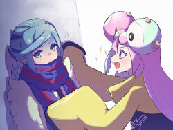 Rule 34 | 1boy, 1girl, :d, anidf, blue scarf, blush, bow-shaped hair, character hair ornament, closed mouth, commentary request, creatures (company), eyelashes, from side, game freak, green hair, grusha (pokemon), hair ornament, highres, iono (pokemon), jacket, kabedon, long hair, looking at another, multicolored hair, nintendo, open mouth, pink hair, pokemon, pokemon sv, scarf, smile, sparkle, striped clothes, striped scarf, sweatdrop, teeth, tongue, two-tone hair, upper body, upper teeth only, yellow jacket