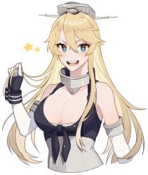 Rule 34 | 1girl, bad id, bad twitter id, blonde hair, blue eyes, breasts, cleavage, fingerless gloves, front-tie top, gloves, headgear, highres, iowa (kancolle), kantai collection, large breasts, long hair, open mouth, smile, solo, star-shaped pupils, star (symbol), su konbu, symbol-shaped pupils, teeth, upper body, white background