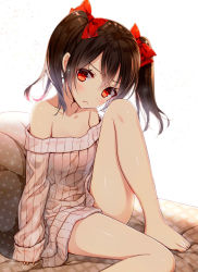 Rule 34 | &gt;:&lt;, 10s, 1girl, :&lt;, bare legs, bare shoulders, barefoot, black hair, blush, bow, closed mouth, hair bow, looking at viewer, love live!, love live! school idol project, off-shoulder, off-shoulder sweater, oversized clothes, oversized shirt, red eyes, ribbed sweater, shirt, short hair, sitting, solo, sweater, twintails, v-shaped eyebrows, yadapot, yazawa nico