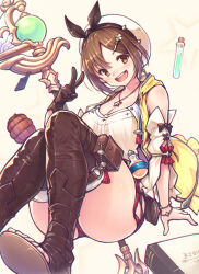 Rule 34 | 1girl, :d, atelier (series), atelier ryza, atelier ryza 1, beret, book, boots, bracelet, breasts, brown eyes, brown gloves, brown hair, cleavage, fingerless gloves, flask, foot out of frame, gloves, gogatsu no renkyuu, hair ornament, hairclip, hat, highres, jacket, jewelry, large breasts, leather, leather gloves, looking at viewer, necklace, open mouth, red shorts, reisalin stout, round-bottom flask, short hair, short shorts, shorts, simple background, single glove, sleeveless, sleeveless jacket, smile, solo, staff, star (symbol), star necklace, test tube, thigh boots, thighhighs, thighhighs under boots, toeless footwear, toes, v, white hat, yellow jacket