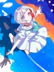 Rule 34 | 1girl, :d, aqua neckerchief, barefoot, black choker, choker, colored inner hair, diagonal bangs, dress, footprints, from above, grey hair, hair ornament, hashtag-only commentary, hasu no sora school uniform, highres, link! like! love live!, looking at viewer, looking up, love live!, medium dress, multicolored hair, neckerchief, o-ring, o-ring choker, open mouth, outstretched arms, paint, paint on fingers, pink eyes, pleated dress, red hair, sailor collar, sailor dress, sakari (pear 8 ll), school uniform, short hair, short sleeves, smile, solo, spread arms, star (symbol), star hair ornament, streaked hair, summer uniform, virtual youtuber, walking, white dress, white sailor collar, yugiri tsuzuri