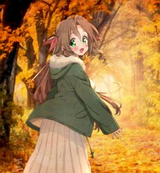 Rule 34 | 1girl, 2020, :d, aerith gainsborough, autumn, autumn leaves, bad id, bad pixiv id, blush, bow, brown hair, cloud strife, coat, dated, fang, final fantasy, final fantasy vii, floating hair, forest, fur-trimmed hood, fur trim, green coat, green eyes, hair between eyes, hair bow, hair intakes, hood, hood down, hooded coat, krudears, long hair, long skirt, long sleeves, looking at viewer, looking back, nature, open clothes, open coat, open mouth, outdoors, pleated skirt, red bow, skin fang, skirt, sleeves past wrists, smile, solo, twitter username, very long hair, white skirt