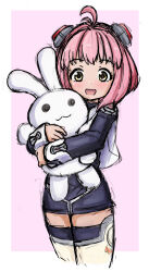 Rule 34 | 1girl, ahoge, black dress, black sleeves, brown eyes, dress, hair ornament, highres, holding, holding stuffed toy, hug, hugging object, kansoku, long sleeves, looking at viewer, m.o.m.o., open mouth, pink hair, short dress, short hair, sketch, smile, solo, stuffed animal, stuffed rabbit, stuffed toy, thighhighs, thighs, white thighhighs, xenosaga