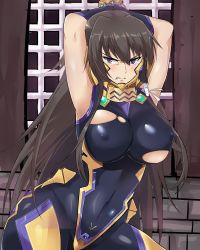 Rule 34 | 1girl, angry, arms behind head, arms up, bars, bdsm, blush, bodysuit, breasts, brown hair, chained wrists, chain, covered navel, covered erect nipples, gloves, hair ribbon, highres, large breasts, long hair, looking to the side, muv-luv, muv-luv alternative, muv-luv total eclipse, pilot suit, purple eyes, ribbon, sketch, sleeveless, solo, standing, takamura yui, takara joney, torn bodysuit, torn clothes, very long hair