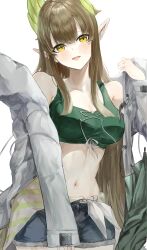 Rule 34 | 1girl, :d, absurdres, arknights, bare shoulders, breasts, brown hair, commentary request, cowboy shot, crop top, cutoffs, denim, denim shorts, grey jacket, highres, jacket, kajuu, large breasts, long hair, long sleeves, looking at viewer, midriff, muelsyse (arknights), navel, off shoulder, open clothes, open jacket, open mouth, pointy ears, short shorts, shorts, smile, solo, sports bra, standing, stomach, very long hair, white background, yellow eyes