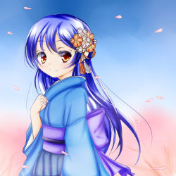 Rule 34 | 1girl, artist name, artist request, back bow, blue hair, blue kimono, blue skirt, blue sky, blush, bow, breasts, brown eyes, cloud, day, female focus, flower hair ornament, hair between eyes, hair ornament, highres, japanese clothes, kimono, kimono skirt, long hair, long sleeves, looking at viewer, love live!, love live! school idol project, outdoors, parted lips, petals, pink petals, plaid, plaid skirt, pleated, pleated skirt, purple bow, purple sash, sash, skirt, sky, smile, solo, sonoda umi, wide sleeves, yellow eyes