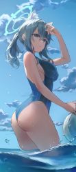 Rule 34 | 1girl, animal ear fluff, animal ears, arched back, arm up, ass, bare arms, bare shoulders, black one-piece swimsuit, blue archive, blue eyes, breasts, competition swimsuit, dasha, expressionless, extra ears, grey hair, halo, highres, long hair, looking at viewer, medium breasts, one-piece swimsuit, parted lips, ponytail, shading eyes, shiroko (blue archive), shiroko (swimsuit) (blue archive), sidelocks, solo, standing, swimsuit, wading, water, wet