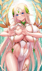 Rule 34 | 1girl, absurdres, bare shoulders, blonde hair, blue eyes, blush, breast curtains, breast hold, breasts, breasts squeezed together, cameltoe, cerestia of life, circlet, cleavage, closed mouth, clothing cutout, cowboy shot, deep skin, dress, elf, fins (pixiv29142276), forehead, forehead jewel, forest, gold, hair between eyes, heart-shaped boob challenge, highres, huge breasts, last origin, long hair, long pointy ears, looking at viewer, nature, navel, navel cutout, no panties, outdoors, parted bangs, pelvic curtain, pointy ears, revealing clothes, sideless outfit, smile, solo, thighlet, very long hair, white dress