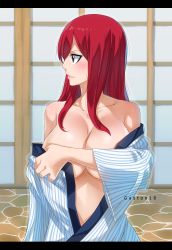 Rule 34 | 1girl, absurdres, artist name, bare shoulders, breasts, brown eyes, cleavage, collarbone, covering privates, covering breasts, erza scarlet, fairy tail, gaston18, highres, japanese clothes, kimono, large breasts, lips, long hair, looking to the side, red hair, smile, solo