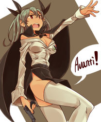 Rule 34 | 10s, 1girl, anchovy (girls und panzer), anzio (emblem), anzio school uniform, bad id, bad pixiv id, belt, black skirt, bow, breasts, cape, cleavage, emblem, girls und panzer, green hair, gun, hair bow, handgun, highres, no panties, off shoulder, pistol, red eyes, school uniform, shirt, skirt, solo, speech bubble, suo (sndrta2n), thighhighs, twintails, weapon, weapon request, white shirt