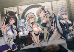 Rule 34 | 5girls, anchor choker, animal ear fluff, animal ears, apron, azur lane, black dress, blue kimono, breasts, buttons, choker, chopsticks, cleavage, clothes lift, clothing cutout, cow ears, cow girl, cow horns, cup, dido (azur lane), double-breasted, dress, eating, formidable (azur lane), fox ears, fox girl, frilled choker, frilled dress, frills, garter straps, gothic lolita, grey hair, hairband, headband, highres, holding, holding chopsticks, holding cup, horns, japanese clothes, kashino (azur lane), kimono, kitsune, kneeling, kyuubi, lace-trimmed hairband, lace trim, large breasts, lifting own clothes, lolita fashion, long hair, maid, maid headdress, military, military uniform, multiple girls, multiple tails, persocon93, purple eyes, purple headband, red eyes, ribbon, shinano (azur lane), short hair, sirius (azur lane), sitting, skirt, skirt lift, tail, twintails, underboob cutout, uniform, very long hair, waist apron, wariza, white dress, white hair