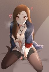 Rule 34 | 1girl, bad id, bad pixiv id, bed, breasts, brown eyes, brown hair, cleavage, closers, condom, gloves, heart, heavy breathing, highres, jewelry, kim yujeong, long hair, medium breasts, necklace, pantyhose, pocari sweat (artist), short shorts, shorts, sitting, solo, sweat