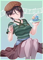 Rule 34 | 1girl, bang dream!, belt, belt buckle, beret, black hair, blue background, blue belt, breasts, brown hat, brown skirt, buckle, collarbone, commentary request, cupcake, eighth note, feet out of frame, food, fork, gradient background, green background, green shirt, grey pantyhose, hair between eyes, hair ornament, hairclip, hat, highres, holding, holding fork, holding plate, kitayu, knees up, large breasts, light blush, looking at viewer, medium breasts, musical note, outline, pantyhose, parted lips, plate, purple eyes, quarter note, shirt, short hair, short sleeves, skirt, smile, solo, staff (music), striped clothes, striped shirt, striped skirt, vertical-striped clothes, vertical-striped skirt, white outline, x hair ornament, yashio rui