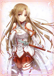 Rule 34 | 10s, 1girl, armor, asuna (sao), bare shoulders, breastplate, brown eyes, brown hair, detached sleeves, feathers, gabiran, hand on own chest, long hair, solo, sword, sword art online, thighhighs, very long hair, weapon