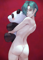 Rule 34 | 1other, absurdres, ahoge, ass, brown eyes, closed mouth, commentary, completely nude, ear piercing, earrings, from behind, green hair, hair over one eye, highres, jewelry, kaoming, looking at viewer, looking back, nijisanji, nude, hugging object, one eye covered, other focus, piercing, red background, red eyes, ryuushen, short hair, simple background, smile, smug, solo, stuffed animal, stuffed panda, stuffed toy, virtual youtuber