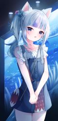 Rule 34 | 1girl, :o, animal ears, aquarium, bad id, bad pixiv id, bag, blue dress, blue eyes, blue hair, blush, cat ears, collarbone, commentary, cowboy shot, dice hair ornament, dress, flat chest, gawr gura, gawr gura (casual), hair ornament, head tilt, highres, hololive, hololive english, indoors, kemonomimi mode, looking at viewer, multicolored hair, official alternate costume, own hands together, shoulder bag, side ponytail, sleeveless, standing, streaked hair, tail, virtual youtuber, white hair, yuzuno kaori