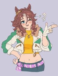 Rule 34 | 1girl, ;d, animal ears, blush, brown hair, commentary, crop top, cropped jacket, fingerless gloves, gloves, hachinos ssb, hair between eyes, highres, horse ears, horse girl, jacket, jewelry, long hair, mejiro palmer (umamusume), midriff, multicolored hair, navel, necklace, one eye closed, open mouth, ponytail, purple background, simple background, single glove, smile, solo, streaked hair, symbol-only commentary, umamusume, v, white gloves, white hair, white jacket