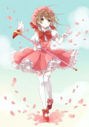 Rule 34 | 1girl, :o, absurdres, beret, blue sky, bow, bowtie, brown hair, cardcaptor sakura, cherry blossoms, cloud, cloudy sky, day, dot nose, dress, eyes visible through hair, floating hair, footwear bow, frilled sleeves, frills, full body, fuuin no tsue, glove bow, gloves, gradient sky, green eyes, hair between eyes, hands up, hat, hat bow, heel up, high collar, highres, holding, holding wand, kinomoto sakura, knees together feet apart, light blush, looking away, looking to the side, looking up, magical girl, mary janes, open hand, outdoors, parted lips, petals, petticoat, pinafore dress, pink dress, pink hat, pleated dress, puffy short sleeves, puffy sleeves, red bow, red bowtie, red footwear, sentaro207, shirt, shoes, short dress, short hair, short sleeves, sky, sleeveless, sleeveless dress, solo, standing, swept bangs, tareme, thighhighs, undershirt, wand, white bow, white gloves, white shirt, white thighhighs, wind, zettai ryouiki