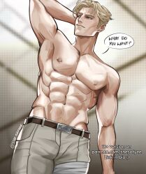 Rule 34 | 1boy, abs, arm behind head, belt, blonde hair, brown belt, brown eyes, commentary, cowboy shot, english commentary, english text, grey pants, highres, jujutsu kaisen, male focus, male pubic hair, muscular, muscular male, nanami kento, nipple piercing, nipple rings, pants, pectorals, piercing, pubic hair, shesofyee, short hair, solo, speech bubble, standing, topless male