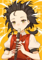 Rule 34 | 1girl, ark john up, ascot, black hair, brown eyes, collared shirt, commentary request, dress, flute, forehead, hair bobbles, hair ornament, highres, holding, holding flute, holding instrument, instrument, kaai yuki, kyoufuu all back (vocaloid), long hair, looking at viewer, low twintails, music, pinafore dress, playing instrument, puffy short sleeves, puffy sleeves, recorder, red ascot, red dress, shirt, short sleeves, sleeveless, sleeveless dress, solo, text background, twintails, twitter username, upper body, vocaloid, white shirt, wind, yellow background