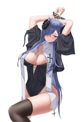 Rule 34 | 1girl, absurdres, alternate costume, august von parseval (azur lane), azur lane, black corset, black thighhighs, blue eyes, blue hair, blush, bound, bound wrists, breasts, chained wrists, cleavage, closed mouth, corset, covered navel, hair ornament, hair over eyes, highres, horns, large breasts, long hair, looking down, ningri (lianyungangwyz), solo, standing, thighhighs, thighs, white background