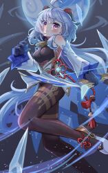 Rule 34 | 1girl, ahoge, amos&#039; bow (genshin impact), bare shoulders, bell, black gloves, black pantyhose, blue hair, blush, bow (weapon), breasts, chinese knot, detached sleeves, flower knot, ganyu (genshin impact), genshin impact, gloves, gold trim, high heels, highres, holding, holding bow (weapon), holding weapon, horns, long hair, looking at viewer, magic, medium breasts, neck bell, ocha bako, orb, pantyhose, purple eyes, sidelocks, solo, tassel, thighlet, vision (genshin impact), waist cape, weapon, white sleeves, wind