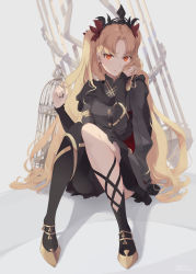 Rule 34 | 1girl, asymmetrical legwear, black nails, blonde hair, blush, breasts, cage, clothes, commentary request, earrings, ereshkigal (fate), ereshkigal (third ascension) (fate), fate/grand order, fate (series), hair ornament, high heels, highres, jewelry, kodamazon, long hair, looking at viewer, medium breasts, mismatched legwear, nail polish, orange eyes, pantyhose, pout, sitting, skirt, solo, tiara, very long hair, white background