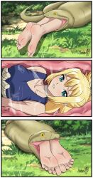 Rule 34 | 1girl, barefoot, blonde hair, blue eyes, clenched teeth, eating, feet, feet together, foot focus, helpless, kohaku (dr. stone), outdoors, panels, peril, reptile, shadow xcp, signature, snake, soles, swallowing, tearing up, tears, teeth, toes, vore