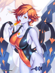 Rule 34 | 1girl, breasts, cleavage, competition swimsuit, earrings, etchimune, female focus, fire emblem, fire emblem: three houses, jewelry, kronya (fire emblem), large breasts, latex suit, looking at viewer, multiple tails, nintendo, one-piece swimsuit, orange eyes, orange hair, pale skin, short hair, solo, swimsuit, tagme, tail, thick thighs, thighs, wide hips