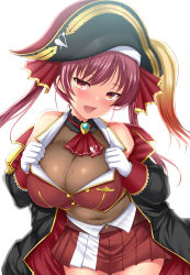 Rule 34 | 1girl, :d, akino hamo, arrow through heart, ascot, bare shoulders, belt, bicorne, black choker, black coat, blush, breasts, brooch, brown belt, choker, cleavage, coat, collarbone, commentary request, covered navel, cowboy shot, cropped jacket, gloves, hair ribbon, hat, highres, hololive, houshou marine, jacket, jacket tug, jewelry, large breasts, leotard, leotard under clothes, long hair, looking at viewer, miniskirt, off shoulder, open mouth, pirate hat, pleated skirt, red ascot, red eyes, red hair, red jacket, red ribbon, red skirt, ribbon, see-through, see-through cleavage, sidelocks, simple background, skirt, sleeveless, sleeveless jacket, smile, solo, standing, sweat, twintails, virtual youtuber, white background, white gloves