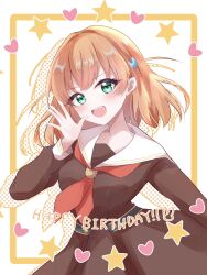 Rule 34 | 1girl, :d, blush, border, breasts, brown dress, commentary request, crossed bangs, dress, drop shadow, green eyes, hair ornament, hand up, happy birthday, hasu no sora school uniform, heart, highres, hinoshita kaho, inset border, link! like! love live!, long sleeves, looking at viewer, love live!, medium breasts, medium hair, milshye7, neckerchief, open mouth, orange border, orange hair, outside border, pleated dress, polka dot, rabbit hair ornament, red neckerchief, sailor collar, sailor dress, school uniform, smile, solo, star (symbol), two side up, upper body, virtual youtuber, white background, white sailor collar, winter uniform
