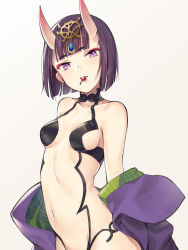 Rule 34 | 1girl, bare shoulders, bikini, blunt bangs, breasts, brown background, cherry, collarbone, fate/grand order, fate (series), food, food in mouth, fruit, headpiece, highres, horns, japanese clothes, kimono, mouth hold, navel, off shoulder, oni, open clothes, open kimono, philomelalilium, purple bikini, purple eyes, purple hair, revealing clothes, shuten douji (fate), skin-covered horns, small breasts, solo, swimsuit